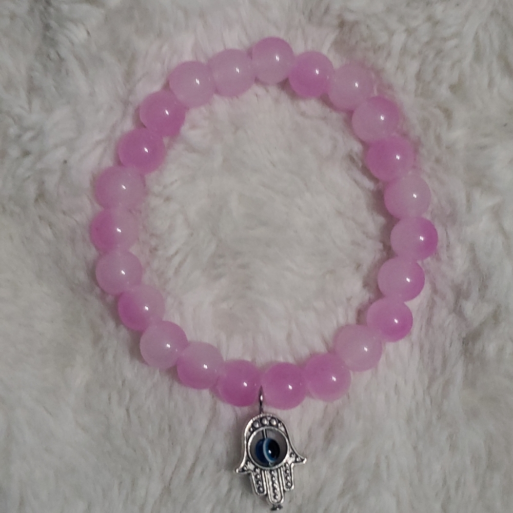 Pink Beaded Bracelet with Silver Hamsa Charm